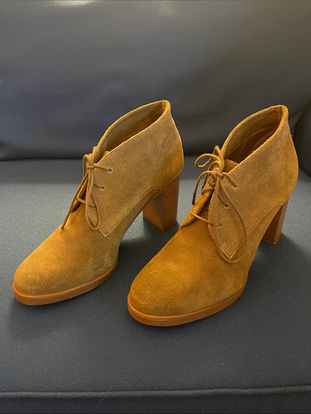 Johnston & Murphy Tan Suede Lace-Up Block Heel Booties